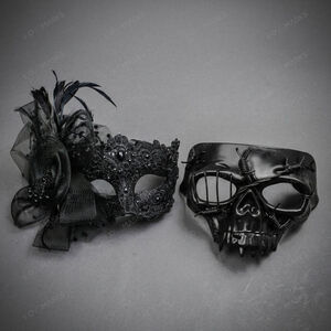 Black Lace Feather Skull Masquerade Halloween Party mask